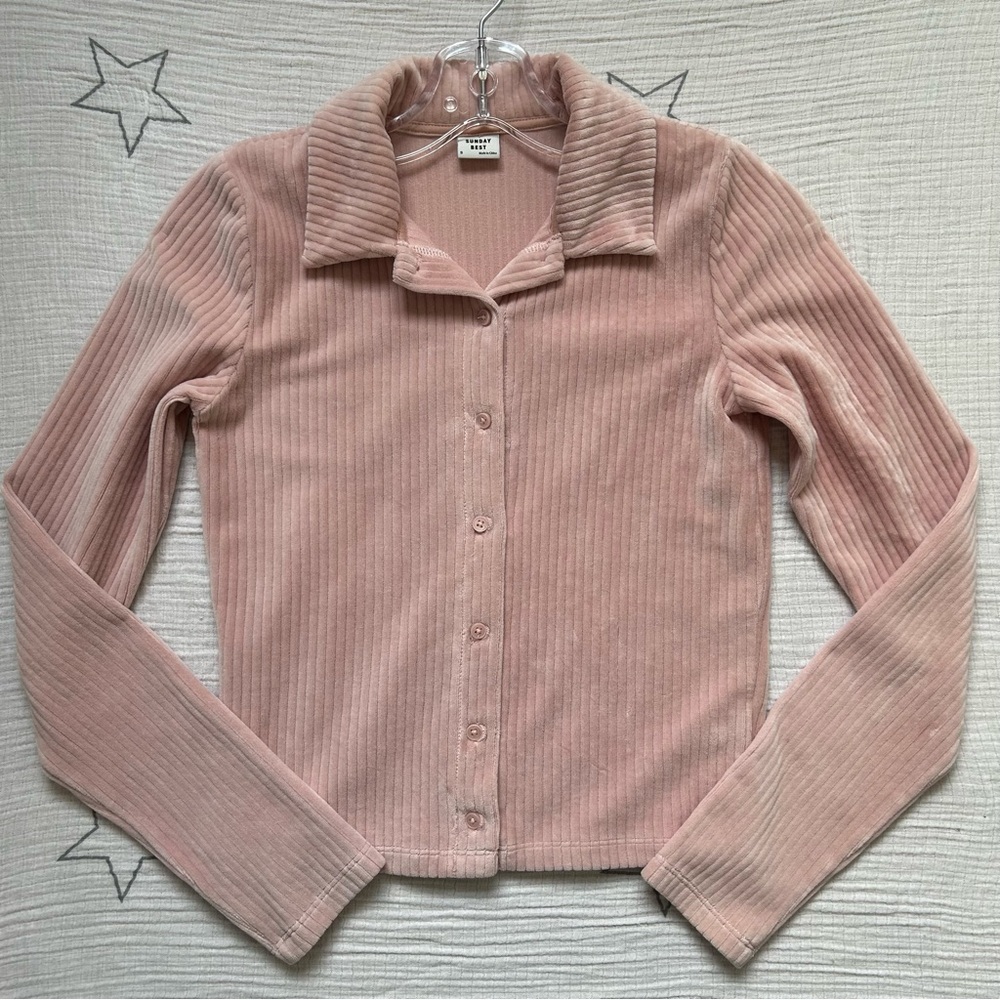 Sunday Best Pink Velour Button Down Top Size Small - Picture 10 of 11